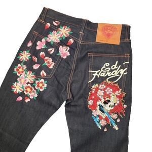 Ed Hardy‎ Jeans Mens 30x34 Blue Denim Pants Y2K Embroidered Skull Flowers 2009